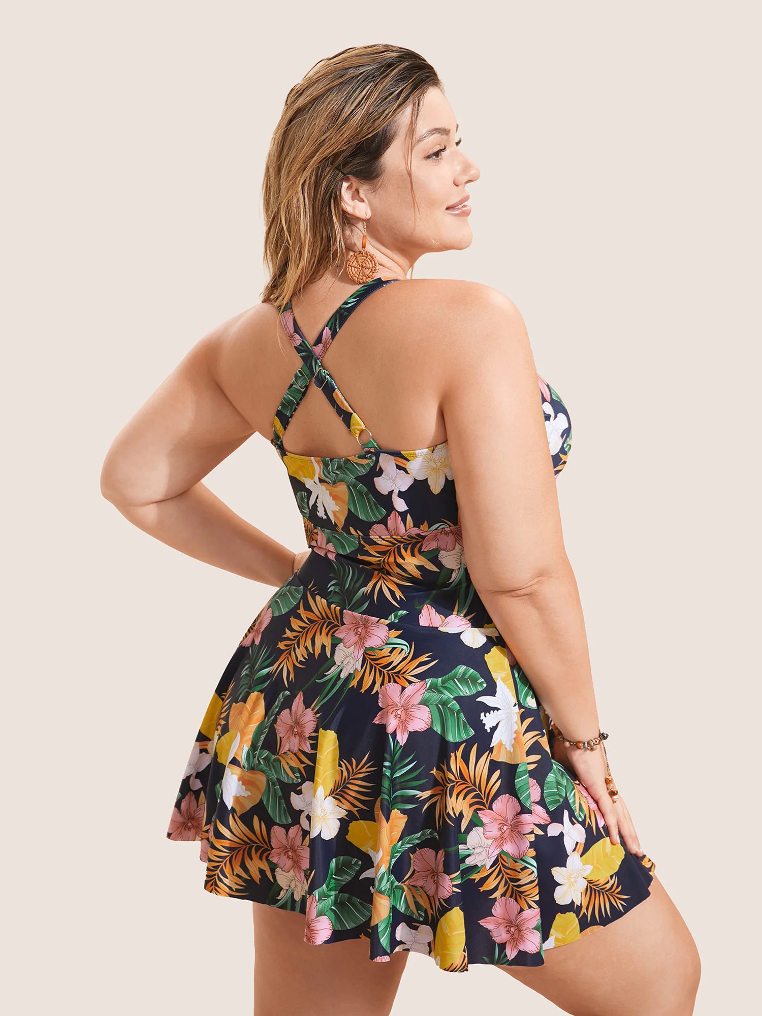 Tropical Adjustable Straps Ruched Swim Dress Tropical Adjustable Straps Ruched Swim Dress