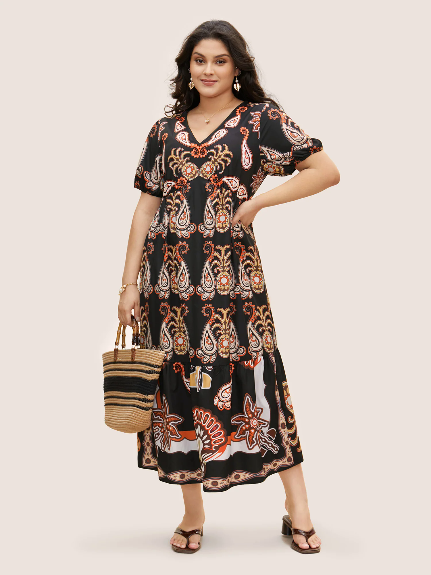 Bandana Print Lantern Sleeve Maxi Dress