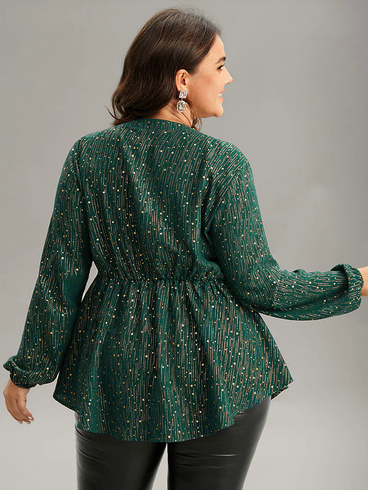 Glitter Lantern Sleeve Elastic Waist Lace Up Blouse Glitter Lantern Sleeve Elastic Waist Lace Up Blouse