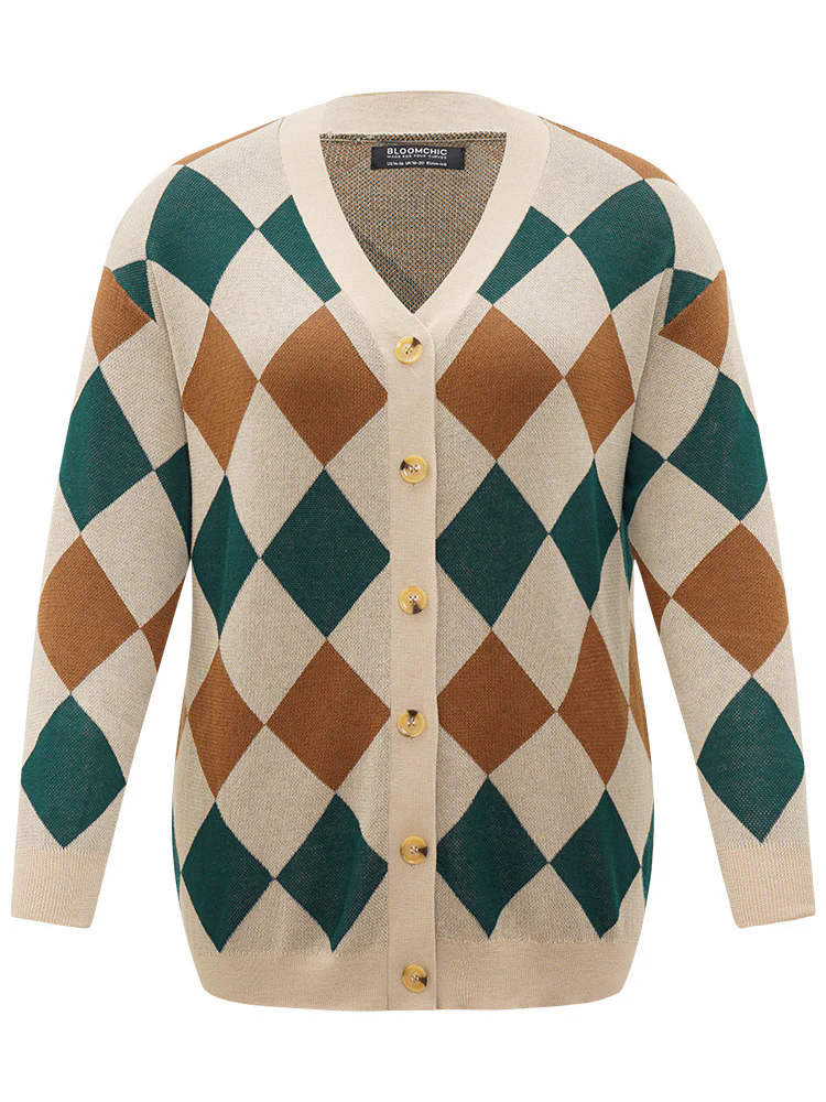 Argyle Plaid Contrast Button Up Cardigan