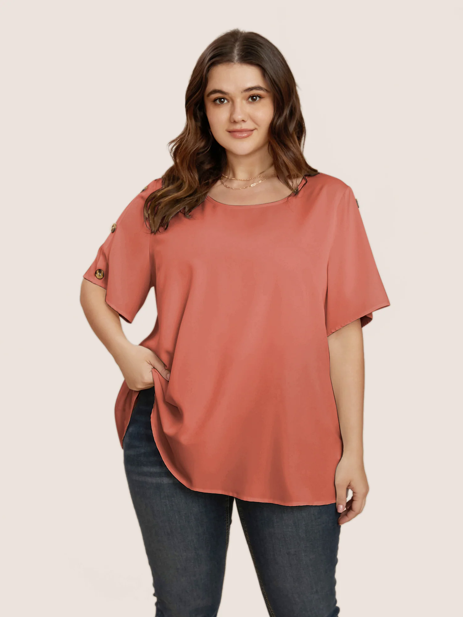 Plain Round Neck Button Detail Blouse
