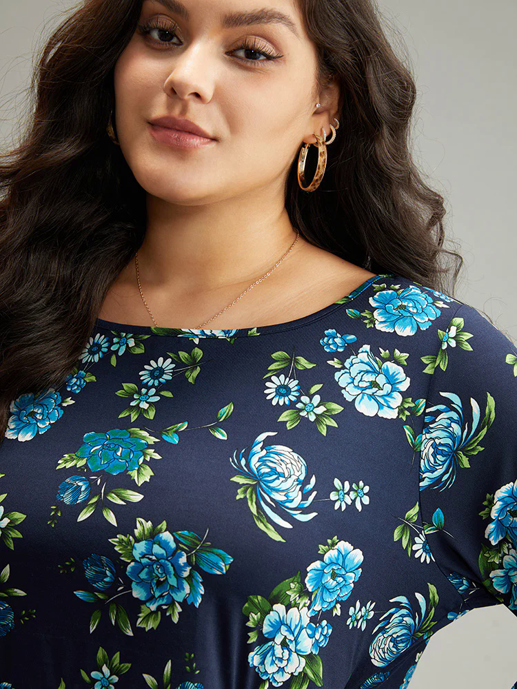 Floral Print Flutter Hem Gathered T-shirt Floral Print Flutter Hem Gathered T-shirt