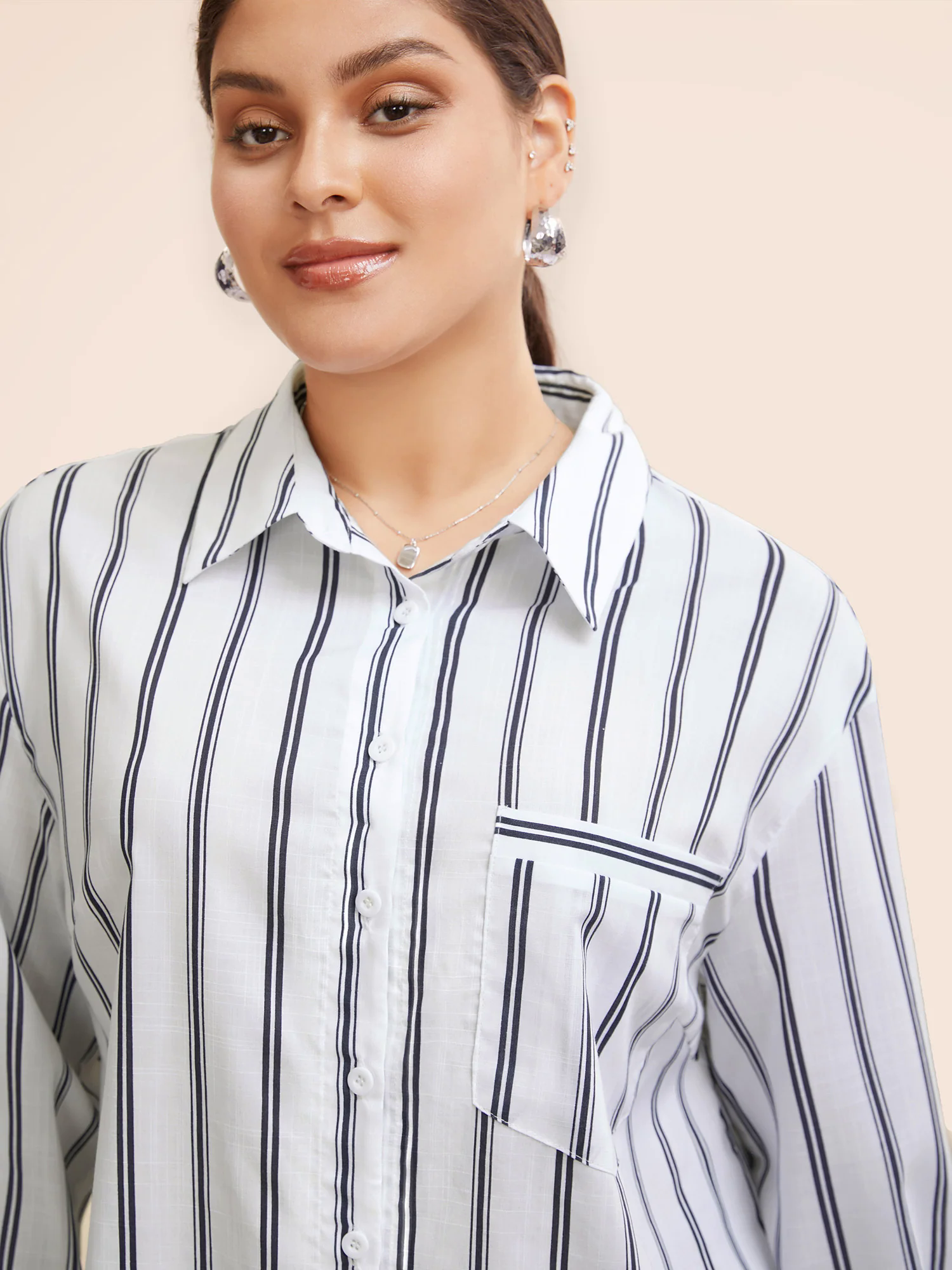 Shirt Collar Striped Patched Pocket Blouse Shirt Collar Striped Patched Pocket Blouse