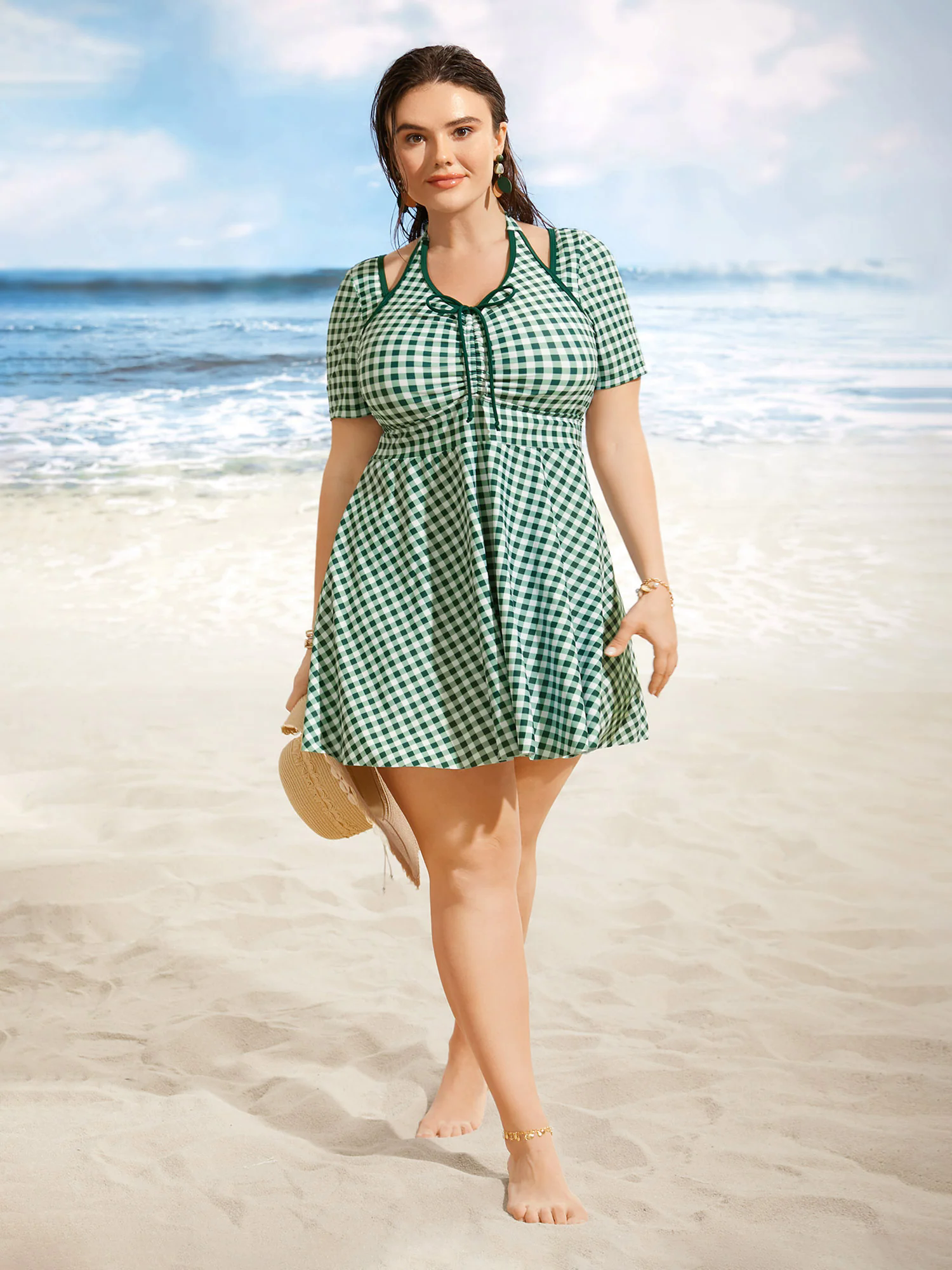 Gingham Patchwork Drawstring Tie Knot Swim Dress Gingham Patchwork Drawstring Tie Knot Swim Dress