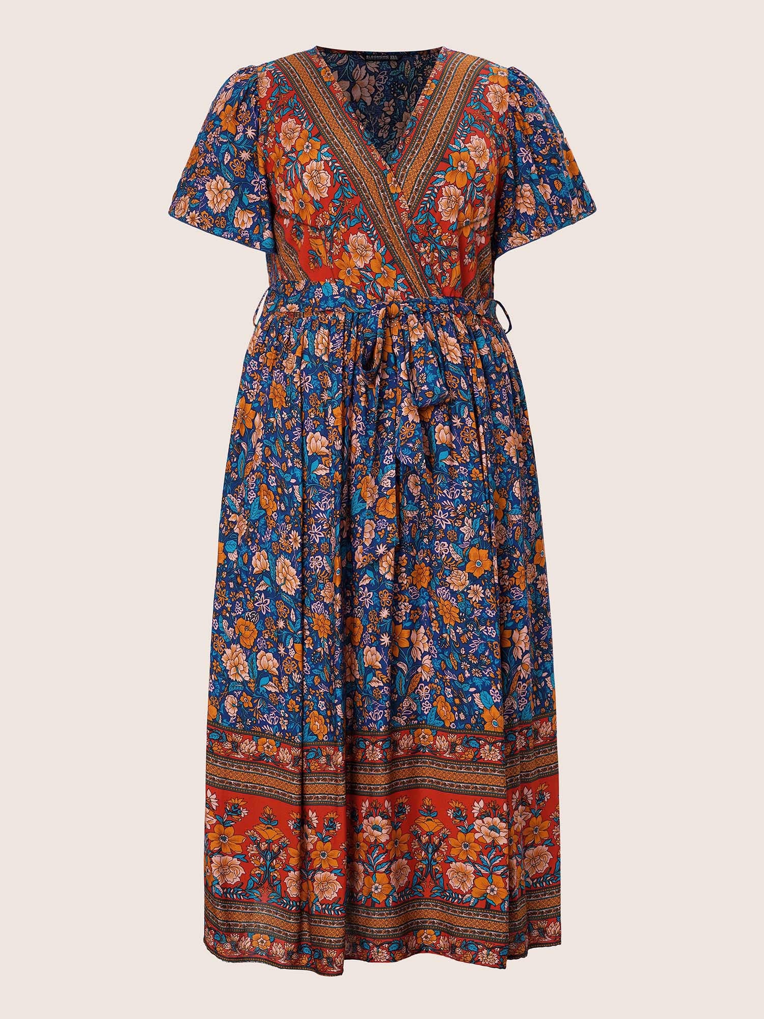 Bandana Surplice Neck Pocket Belted Flutter Hem Maxi Dress Bandana Surplice Neck Pocket Belted Flutter Hem Maxi Dress