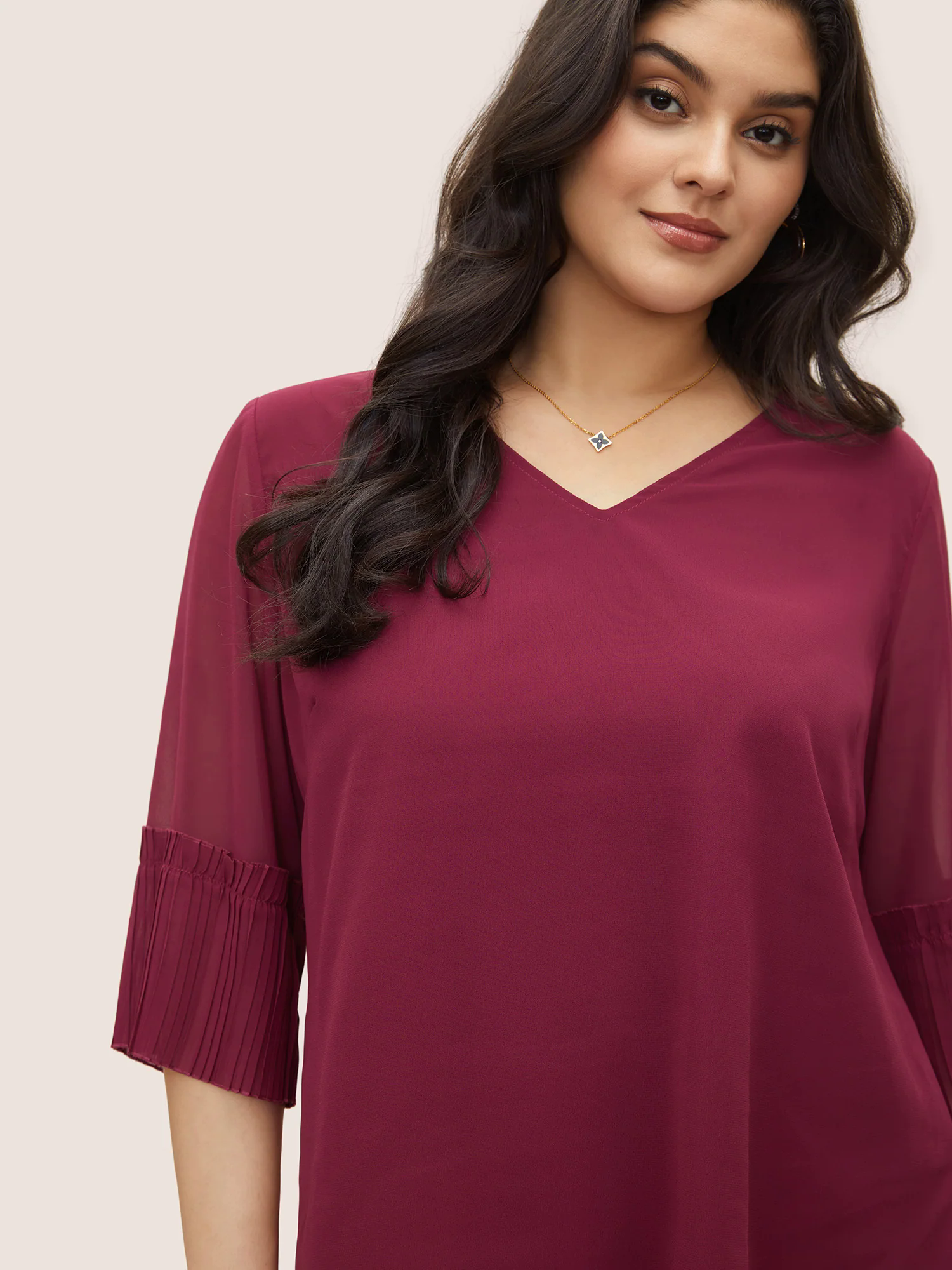 Solid Pleated Patchwork Mesh Bell Sleeve Blouse Solid Pleated Patchwork Mesh Bell Sleeve Blouse