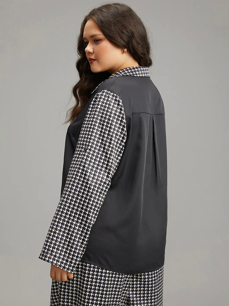 Twill Houndstooth Tab Sleeve Patchwork Blouse Twill Houndstooth Tab Sleeve Patchwork Blouse