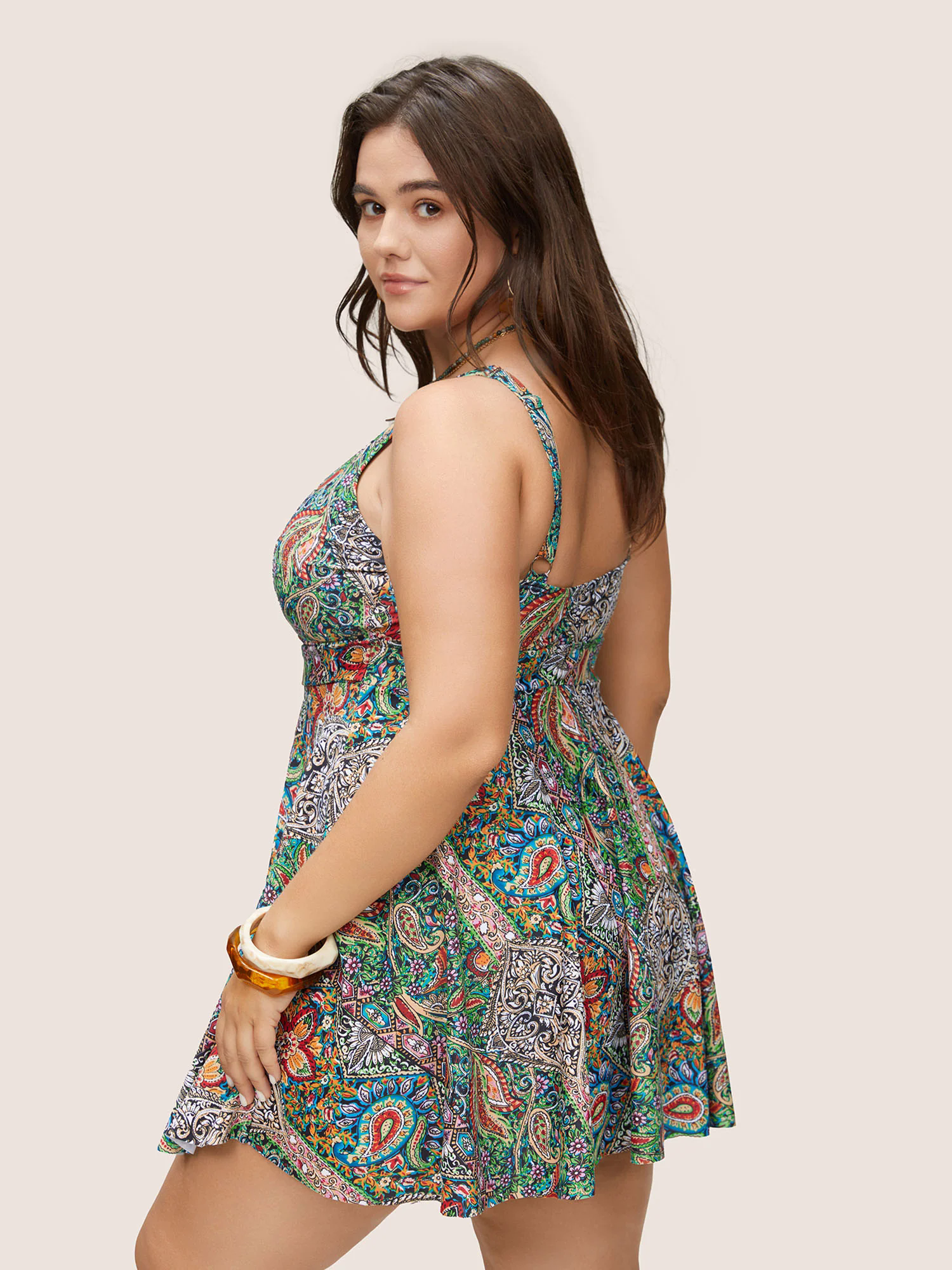 Bandana Print Buckle Detail Gathered Swim Dress