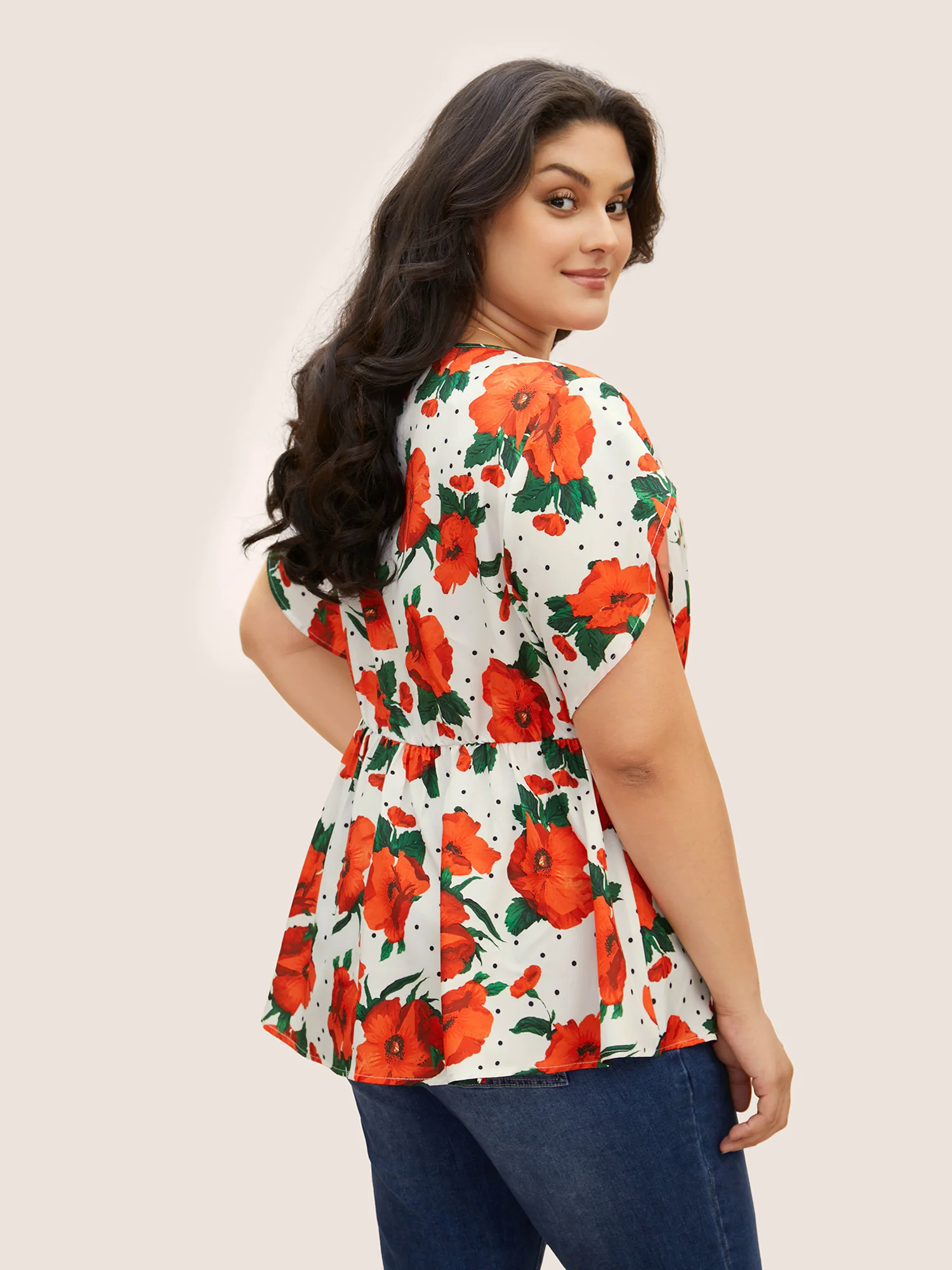 Overlap Collar Floral Elastic Waist Petal Sleeve Blouse Overlap Collar Floral Elastic Waist Petal Sleeve Blouse