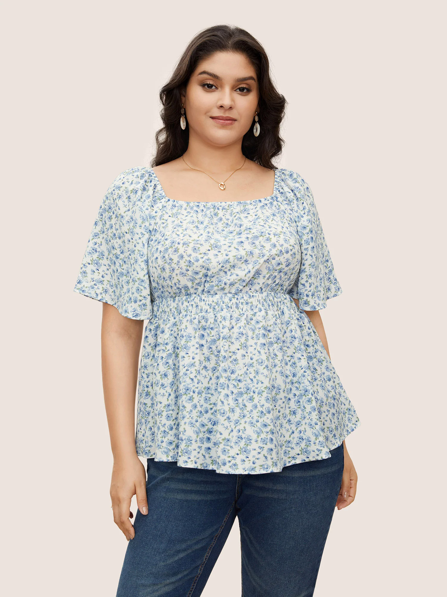 Ditsy Floral Ruffle Sleeve Shirred Square Neck Blouse
