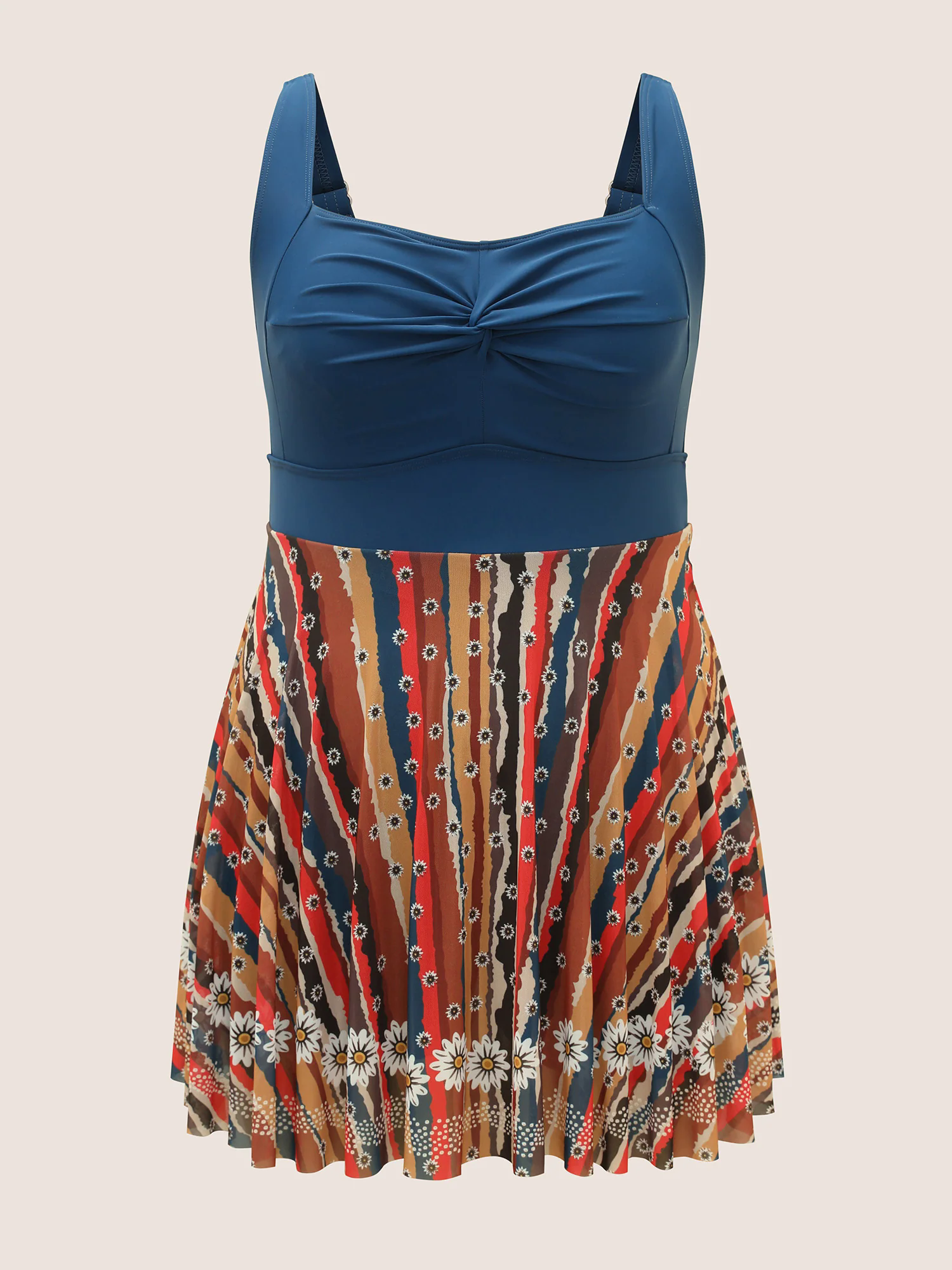 Colored Striped Twist Front Patchwork Swim Dress Colored Striped Twist Front Patchwork Swim Dress