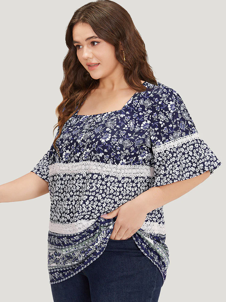 Ditsy Floral Patchwork Square Neck Flutter Sleeve Blouse Ditsy Floral Patchwork Square Neck Flutter Sleeve Blouse