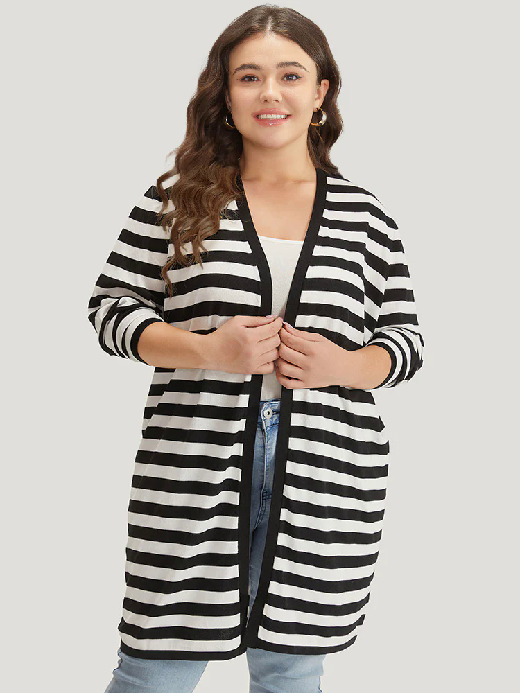 Striped Open Front Drop Shoulder Tunic Cardigan