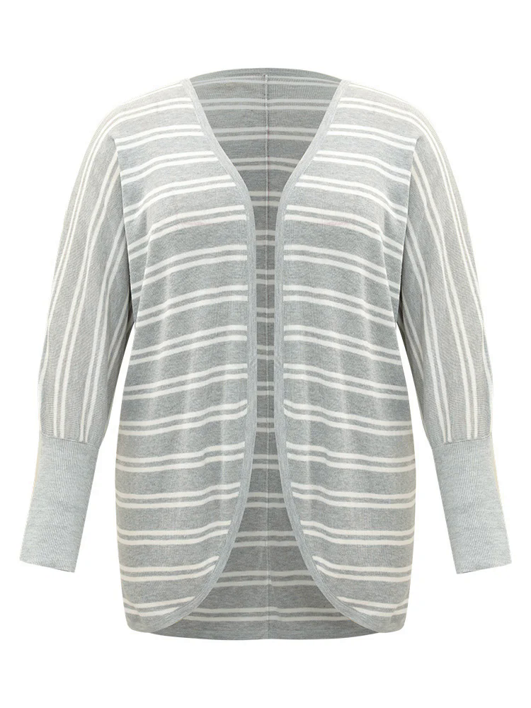 Striped Elastic Cuffs Arc Hem Cardigan Striped Elastic Cuffs Arc Hem Cardigan