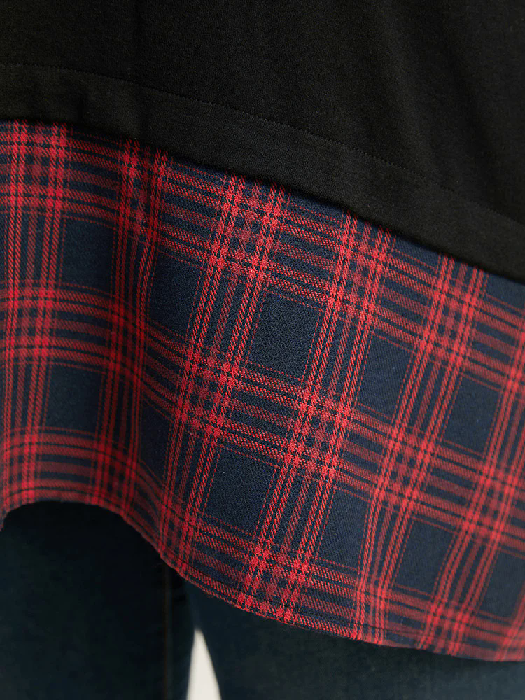 Plaid Patchwork Button Through T-shirt Plaid Patchwork Button Through T-shirt