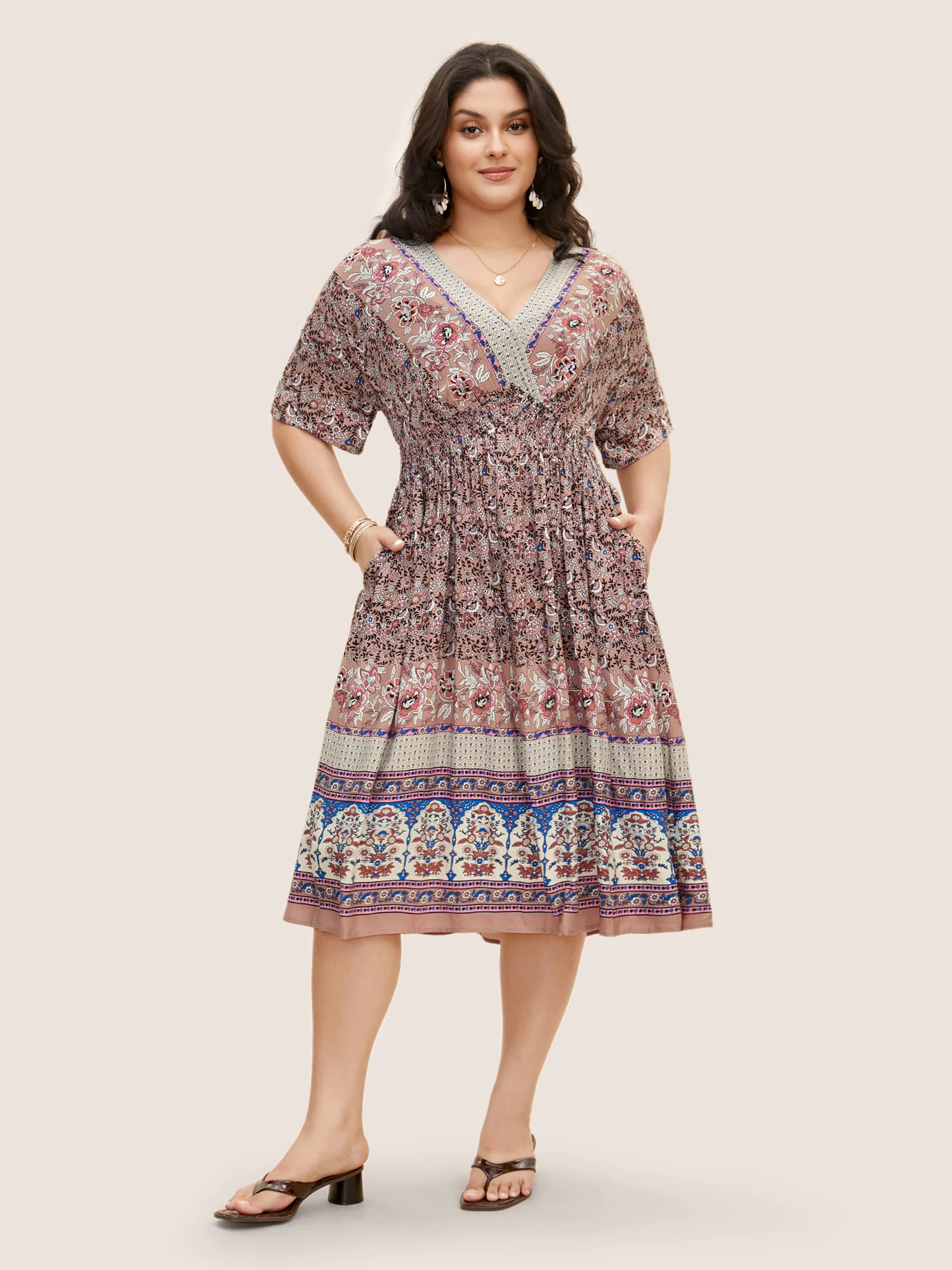 Floral Dolman Sleeve Ruffles Shirred Split Hem Dress Floral Dolman Sleeve Ruffles Shirred Split Hem Dress