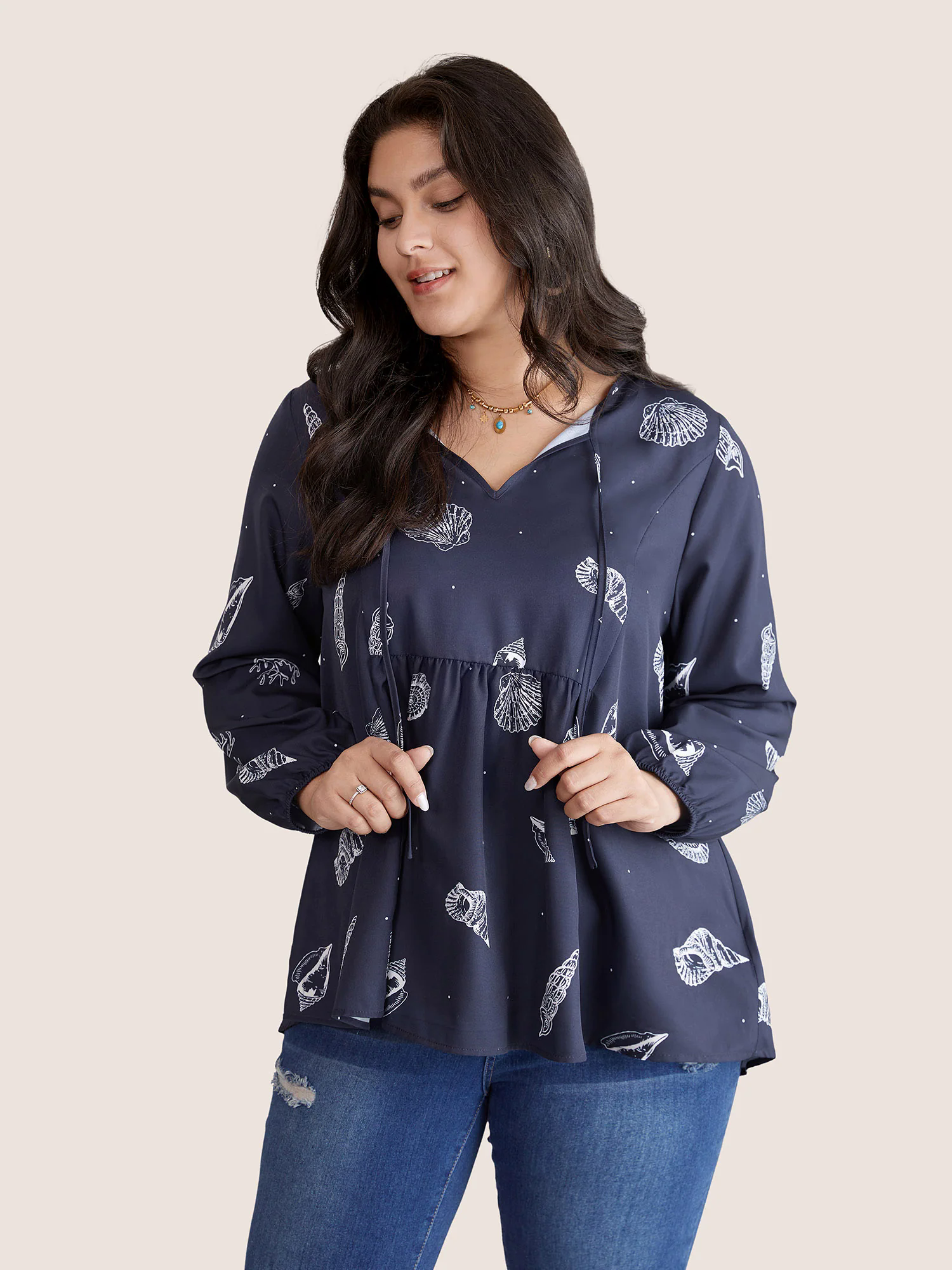 Marine Life Patterns Ties Gathered Blouse Marine Life Patterns Ties Gathered Blouse