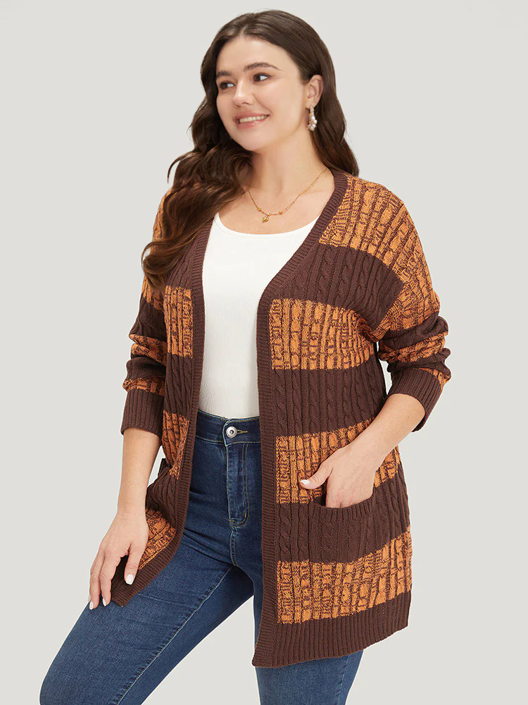 Halloween Colorblock Cable Knit Patched Pocket Cardigan Halloween Colorblock Cable Knit Patched Pocket Cardigan