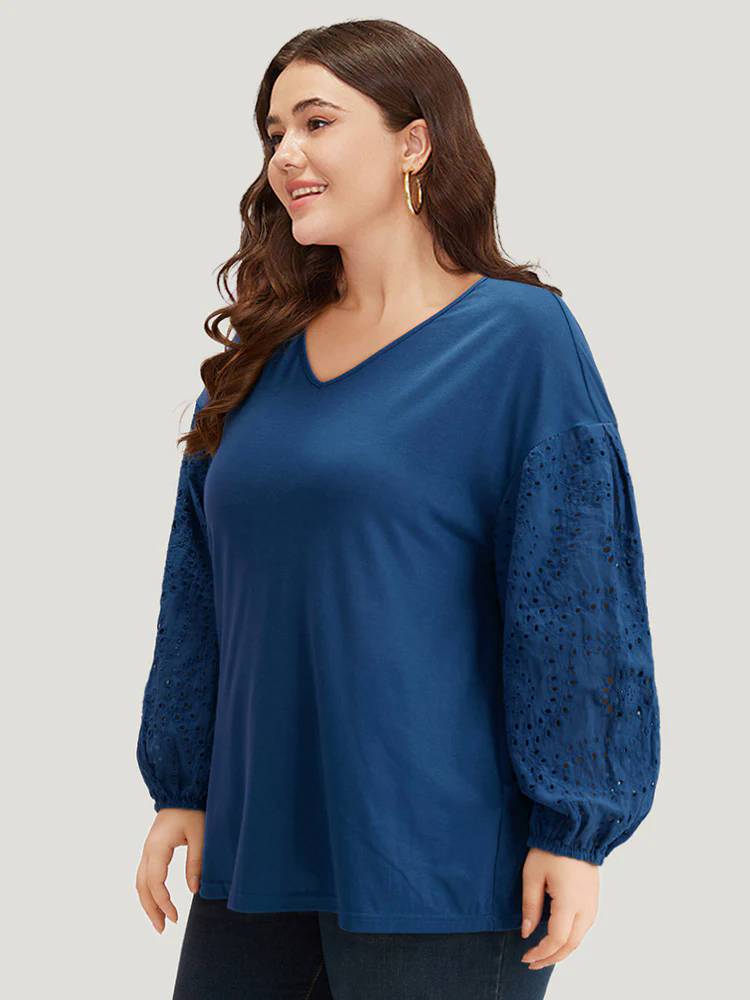 V Neck Broderie Anglaise Patchwork Lantern Sleeve T-shirt V Neck Broderie Anglaise Patchwork Lantern Sleeve T-shirt
