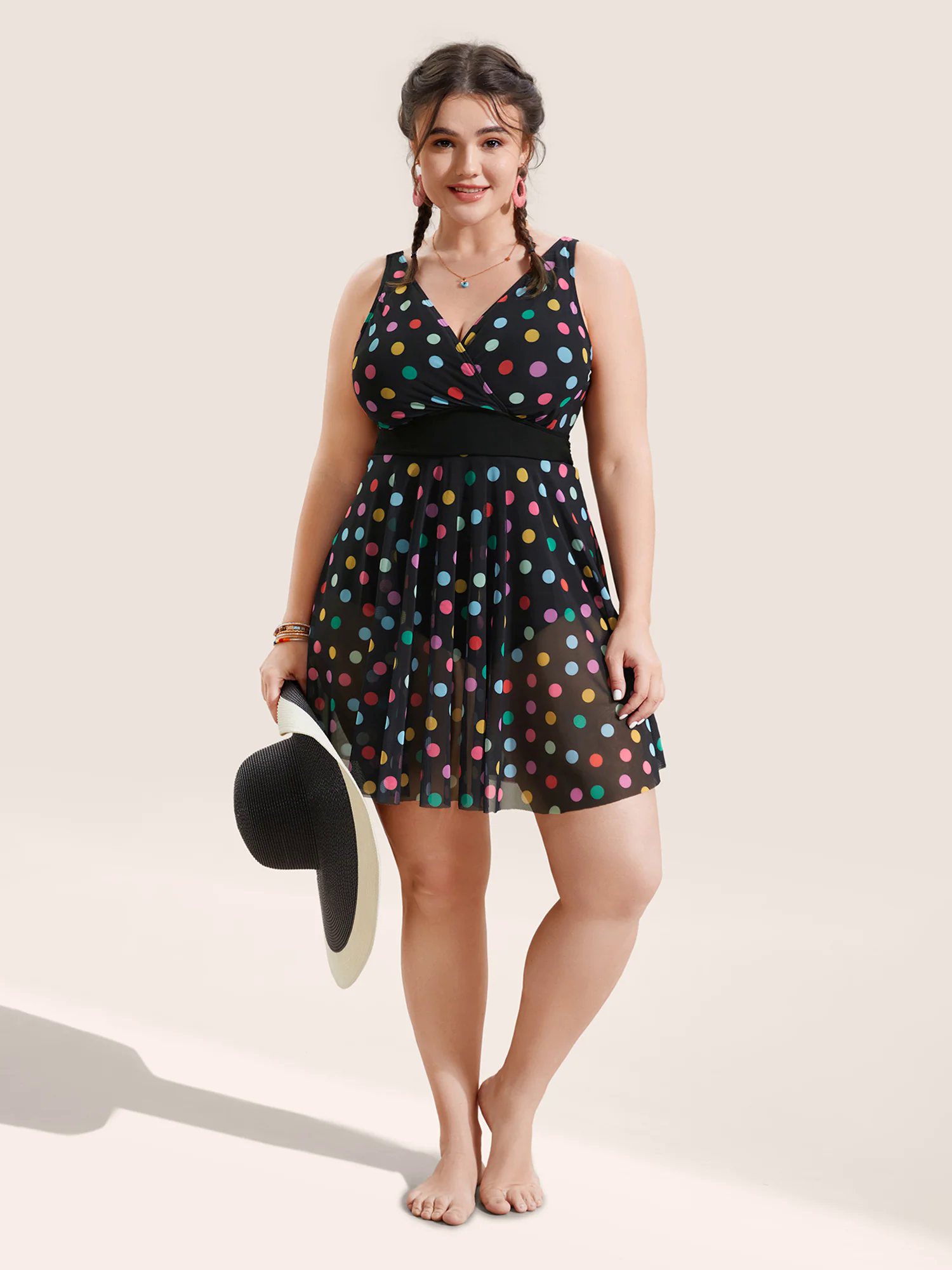 Overlap Collar Colored Polka Dot Swim Dress