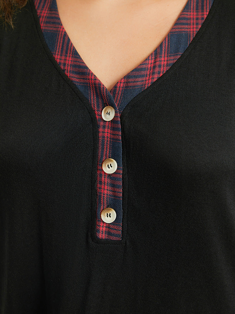 Plaid Patchwork Button Through T-shirt Plaid Patchwork Button Through T-shirt