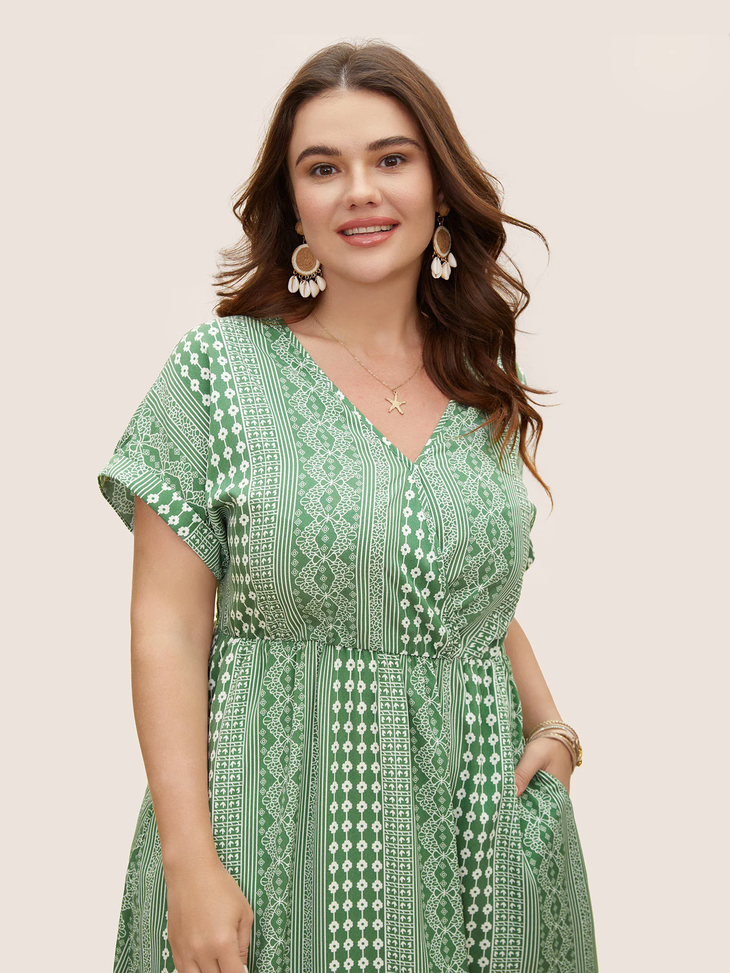 Boho Print Overlap Collar Dolman Sleeve Dress Boho Print Overlap Collar Dolman Sleeve Dress