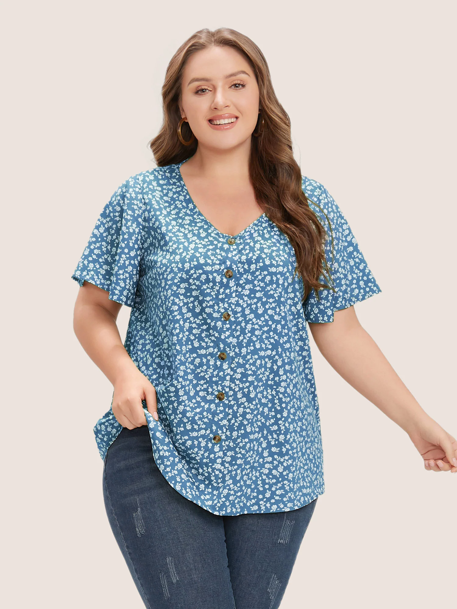 Ditsy Floral Ruffle Sleeve Button Detail Blouse Ditsy Floral Ruffle Sleeve Button Detail Blouse