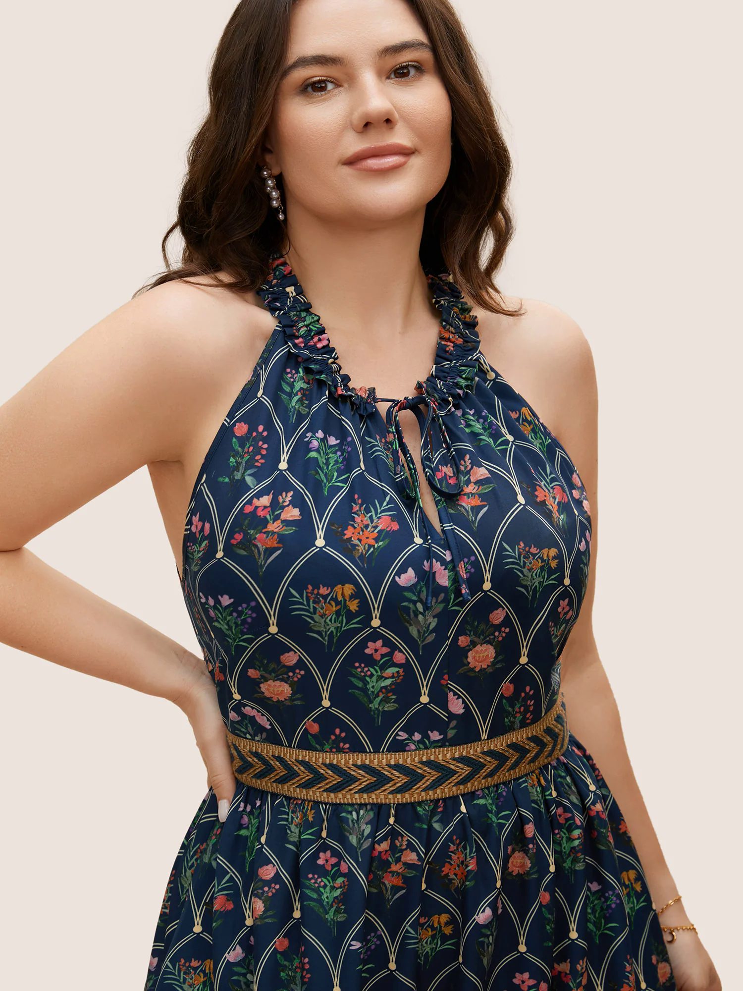 Boho Print Woven Ribbon Tie Knot Frill Trim Dress Boho Print Woven Ribbon Tie Knot Frill Trim Dress