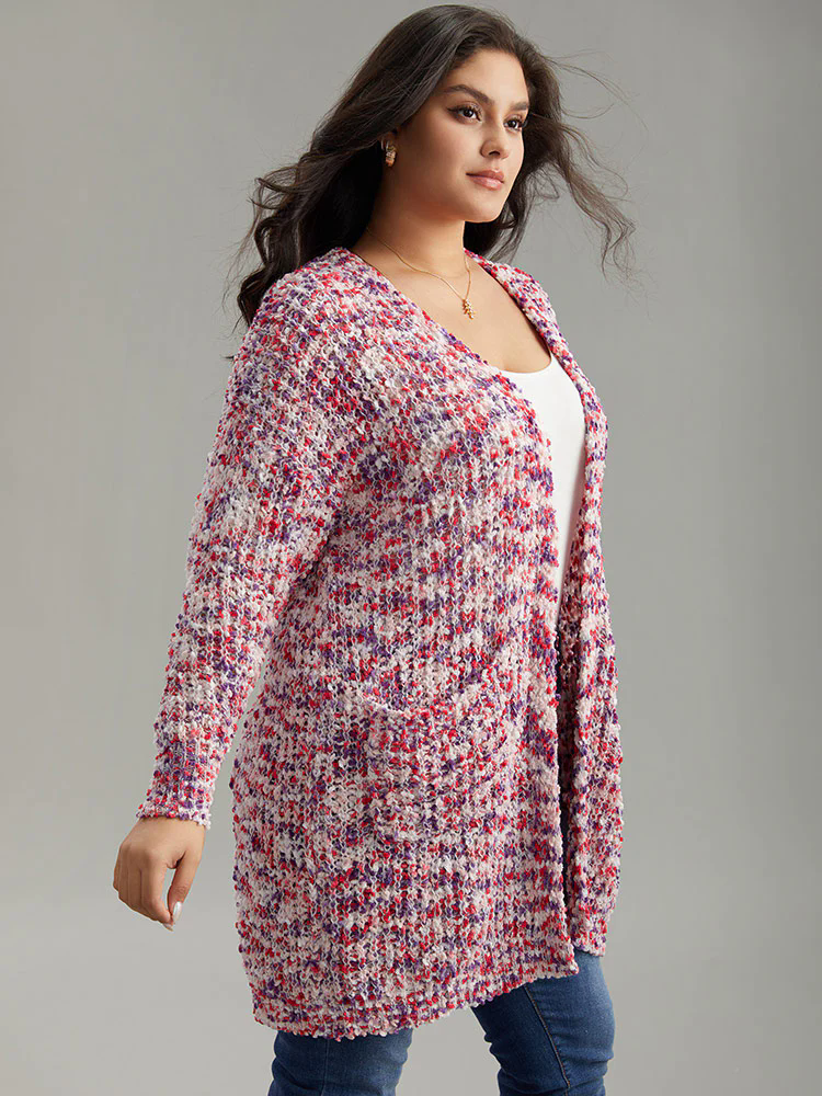 Contrast Fuzzy Open Front Patched Pocket Cardigan