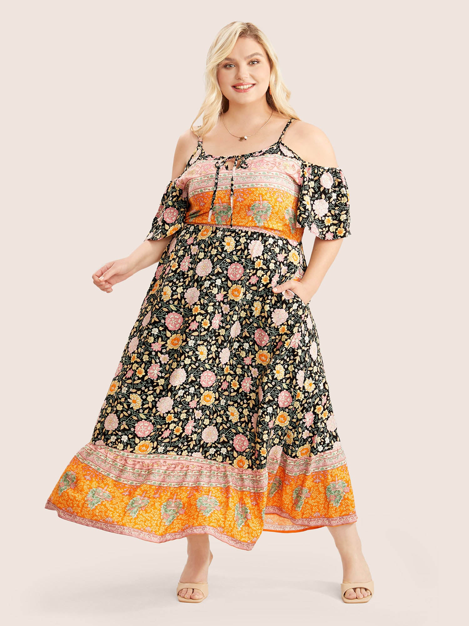 Floral Print Pocket Keyhole Ruffles Cold Shoulder Maxi Dress Floral Print Pocket Keyhole Ruffles Cold Shoulder Maxi Dress