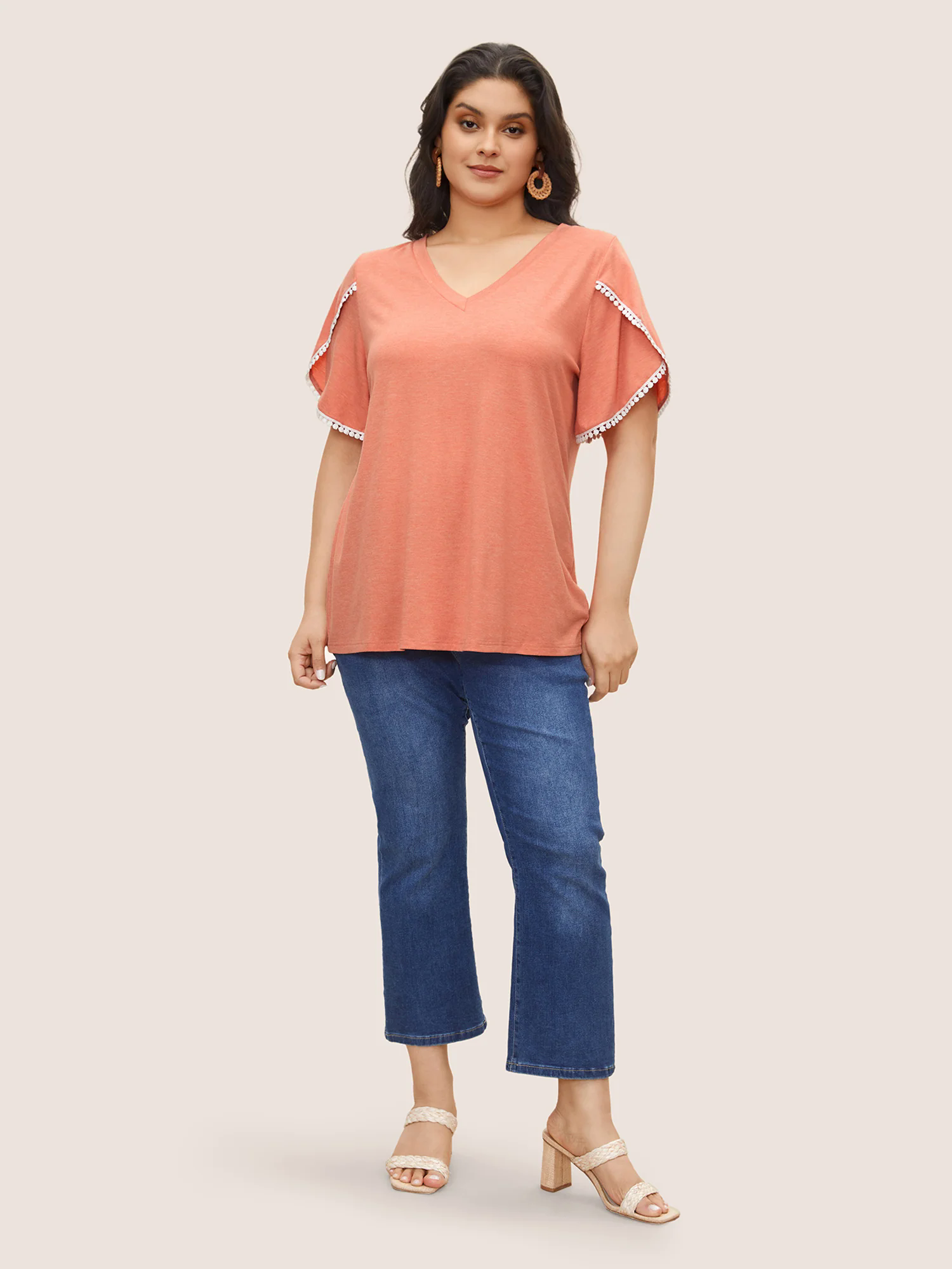 Plain Pompom Trim Petal Sleeve T-shirt Plain Pompom Trim Petal Sleeve T-shirt