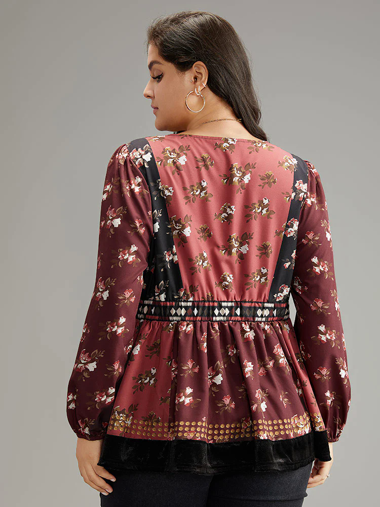 Velvet Floral Contrast Knot Neck Tassel Blouse Velvet Floral Contrast Knot Neck Tassel Blouse