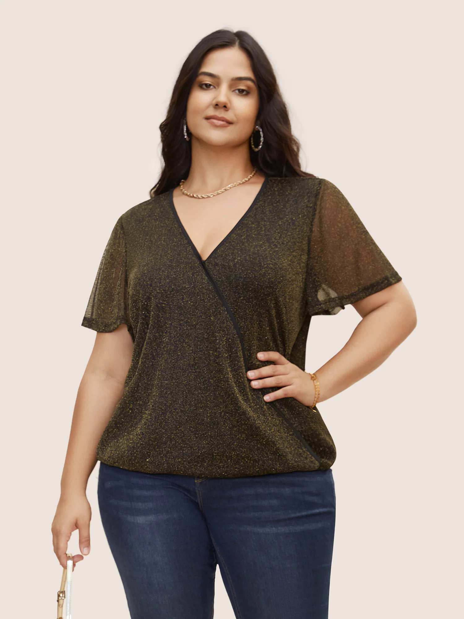 Overlap Collar Metallic Luster Knitted Mesh Blouse