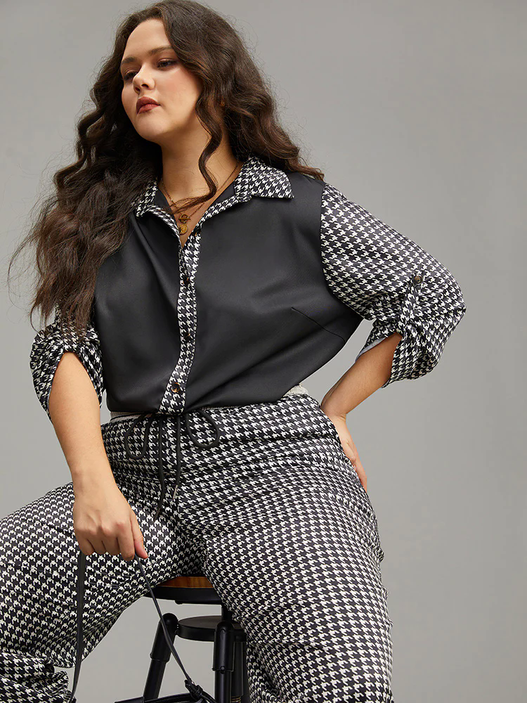 Twill Houndstooth Tab Sleeve Patchwork Blouse Twill Houndstooth Tab Sleeve Patchwork Blouse