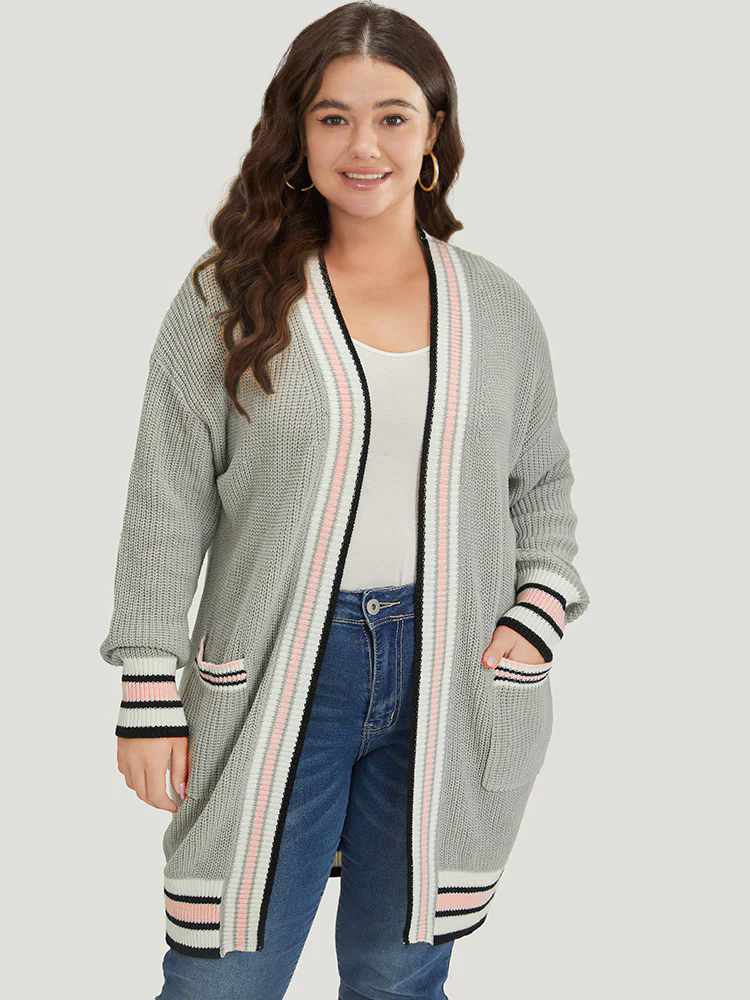 Striped Contrast Drop Shoulder Elastic Cuffs Cardigan