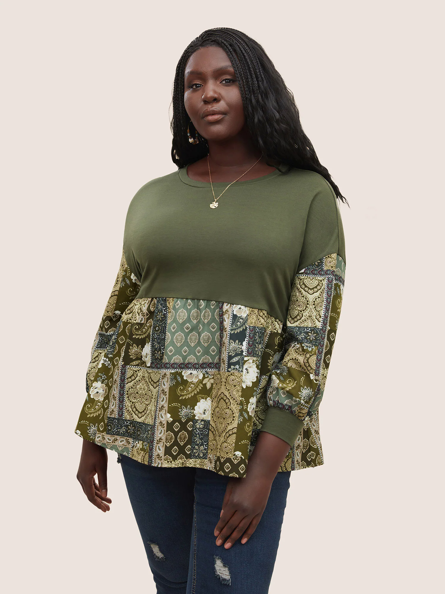 Boho Print Patchwork Lantern Sleeve T-shirt