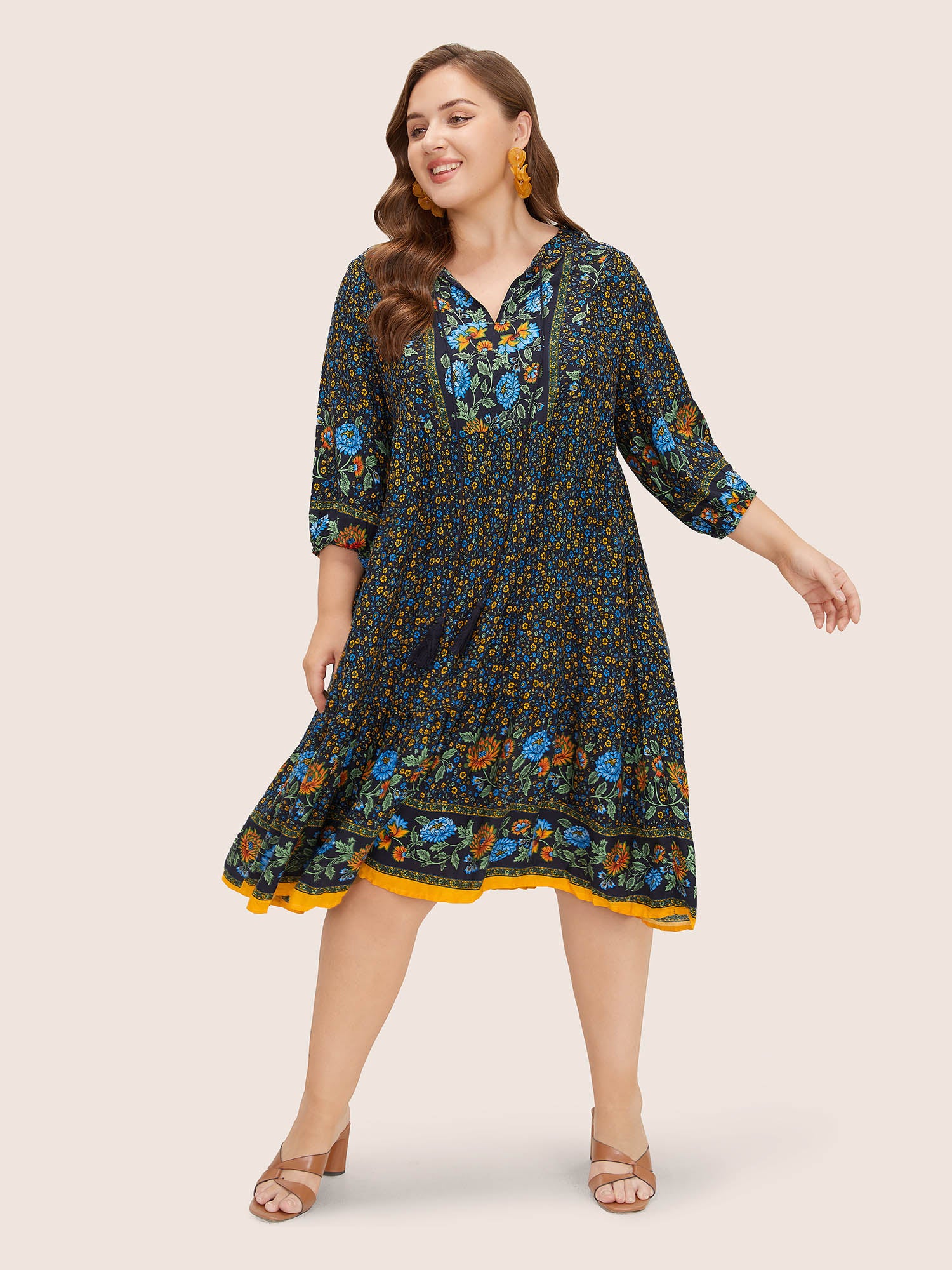 Bandana Tassels Lantern Sleeve Ruffle Pocket Keyhole Neck Dress Bandana Tassels Lantern Sleeve Ruffle Pocket Keyhole Neck Dress