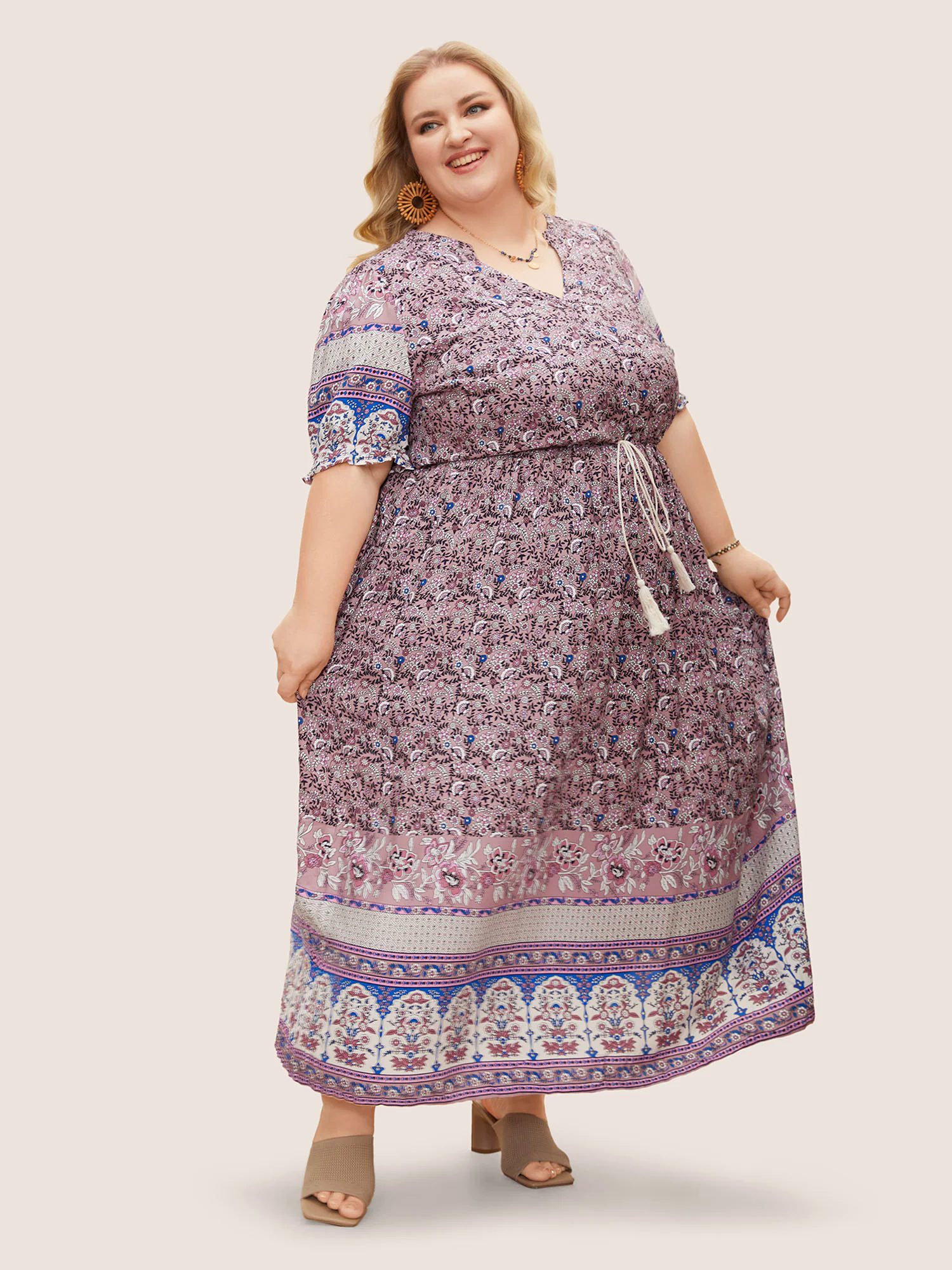 Boho Print Notched Ties Tassel Trim Dress Boho Print Notched Ties Tassel Trim Dress