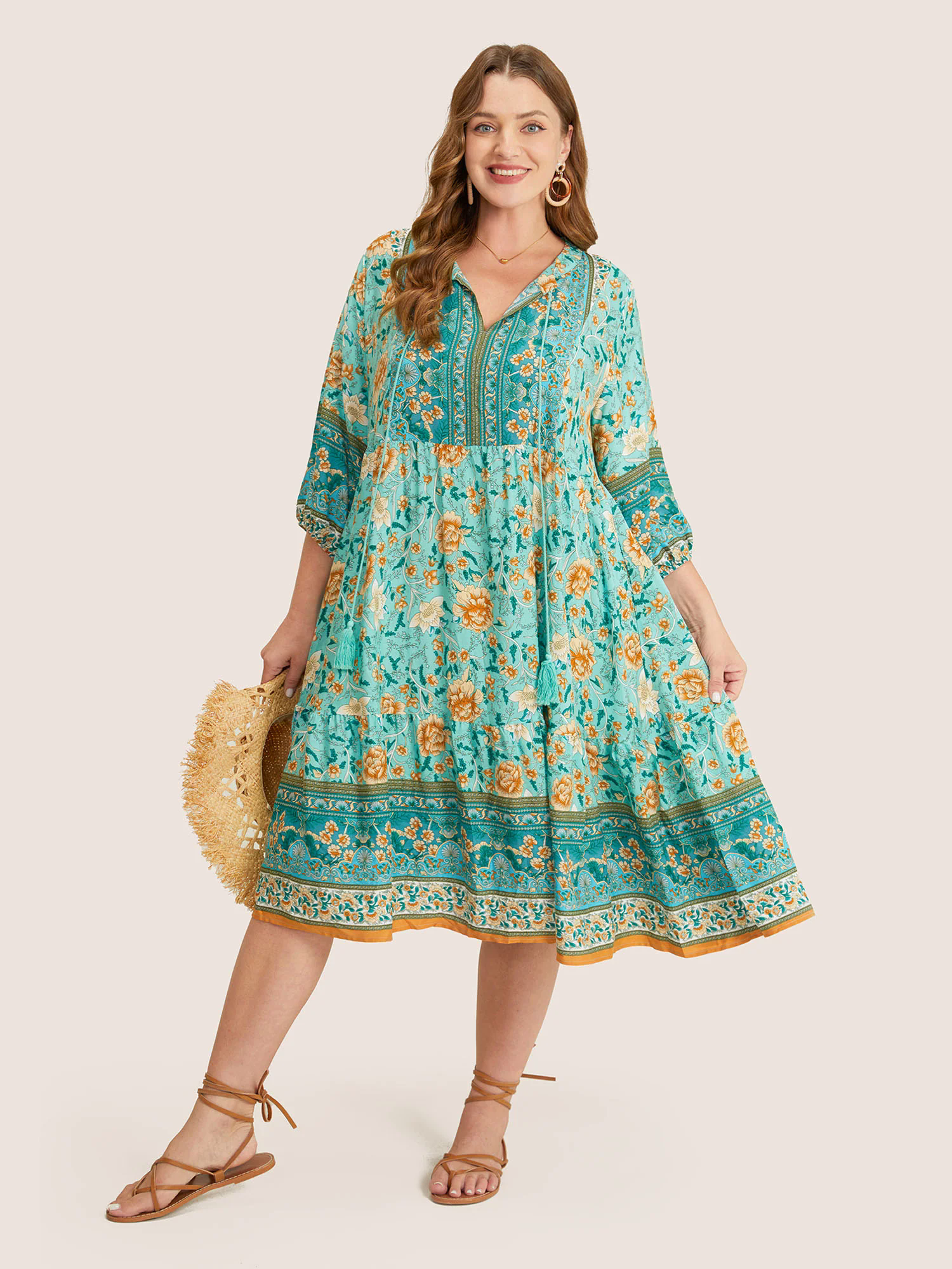 Bandana Tassels Lantern Sleeve Ruffle Pocket Keyhole Neck Dress Bandana Tassels Lantern Sleeve Ruffle Pocket Keyhole Neck Dress