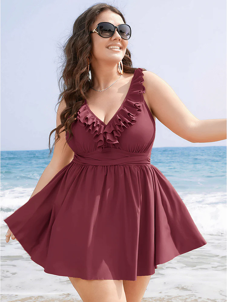 Ruffle Trim Adjustable Straps Gathered Sculpt Waist Swim Dress Ruffle Trim Adjustable Straps Gathered Sculpt Waist Swim Dress