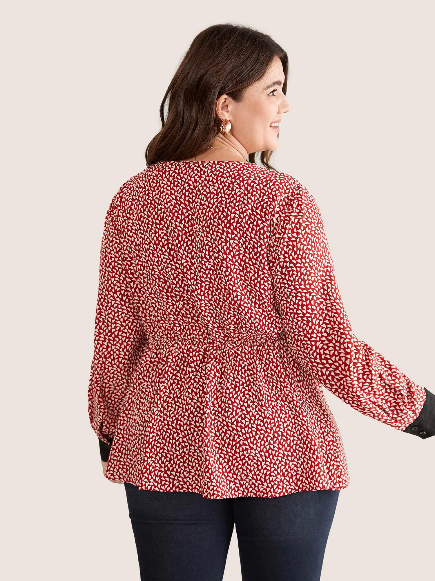 Heart Print Bowknot Elastic Waist Blouse