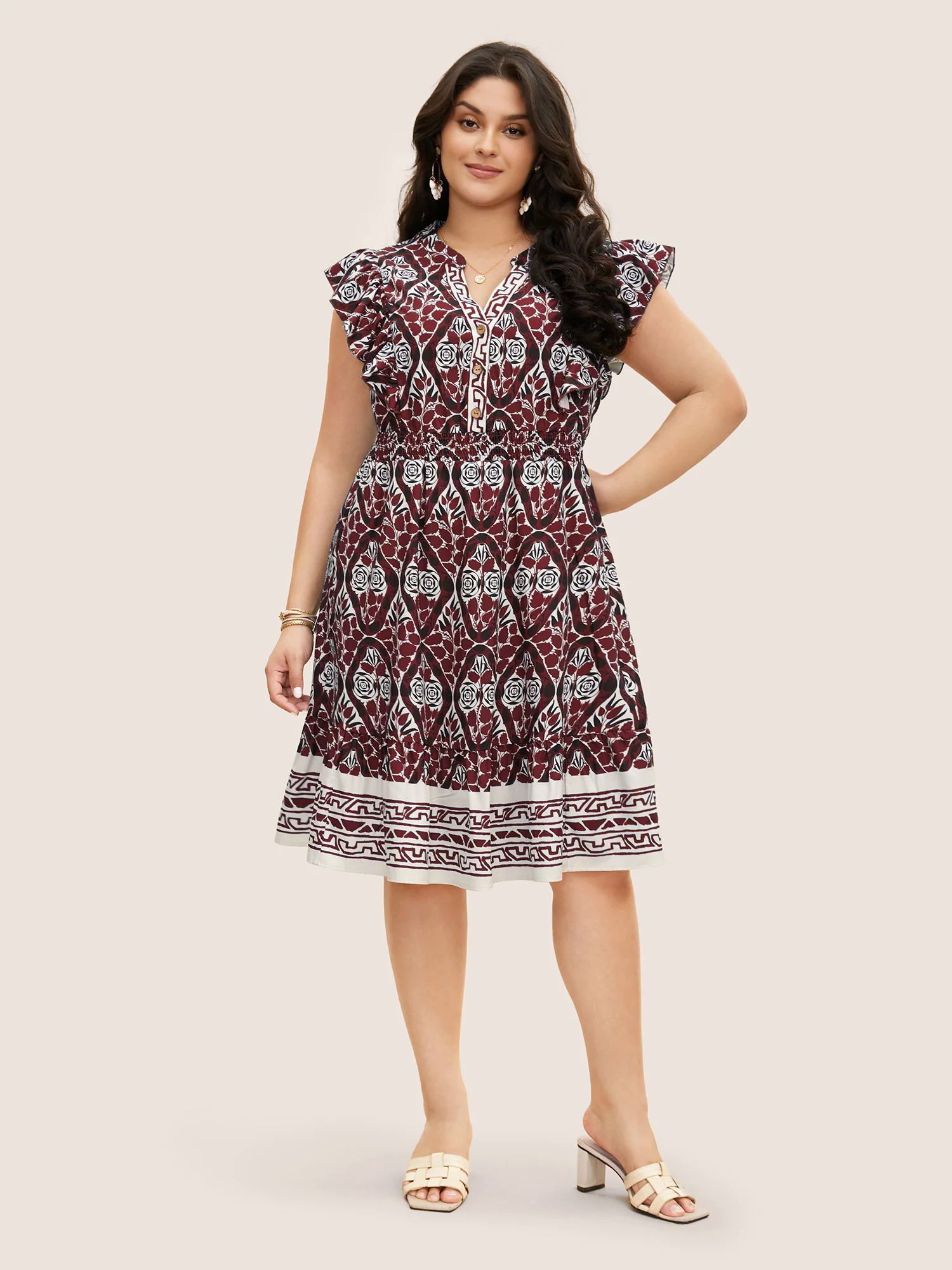 Boho Print Ruffles Shirred Pocket Elastic Waist Dress Boho Print Ruffles Shirred Pocket Elastic Waist Dress