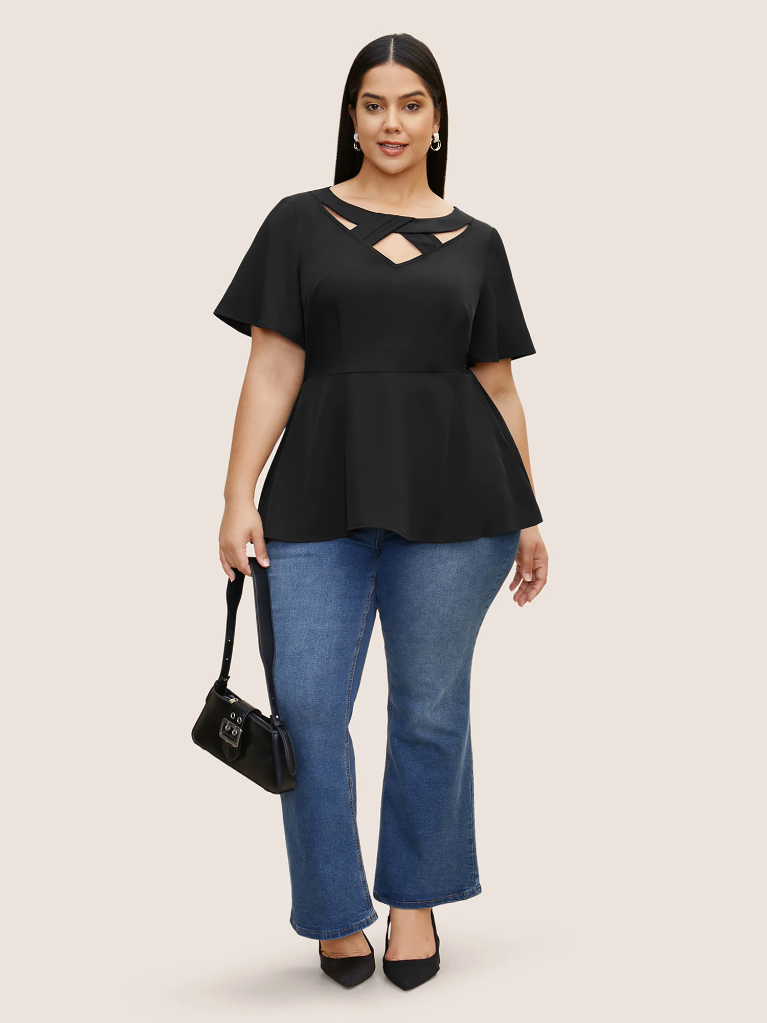 Plain Cut Out Gathered Flutter Sleeve Blouse