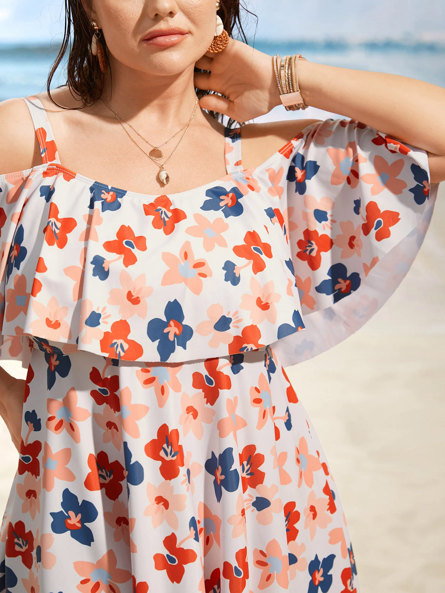 Contrast Floral One Shoulder Neck Ruffles Swim Dress Contrast Floral One Shoulder Neck Ruffles Swim Dress