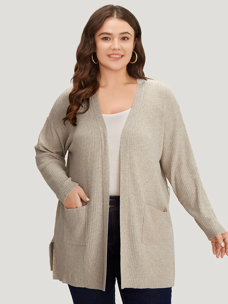Plain Belted Patched Pocket Split Side Cardigan Plain Belted Patched Pocket Split Side Cardigan