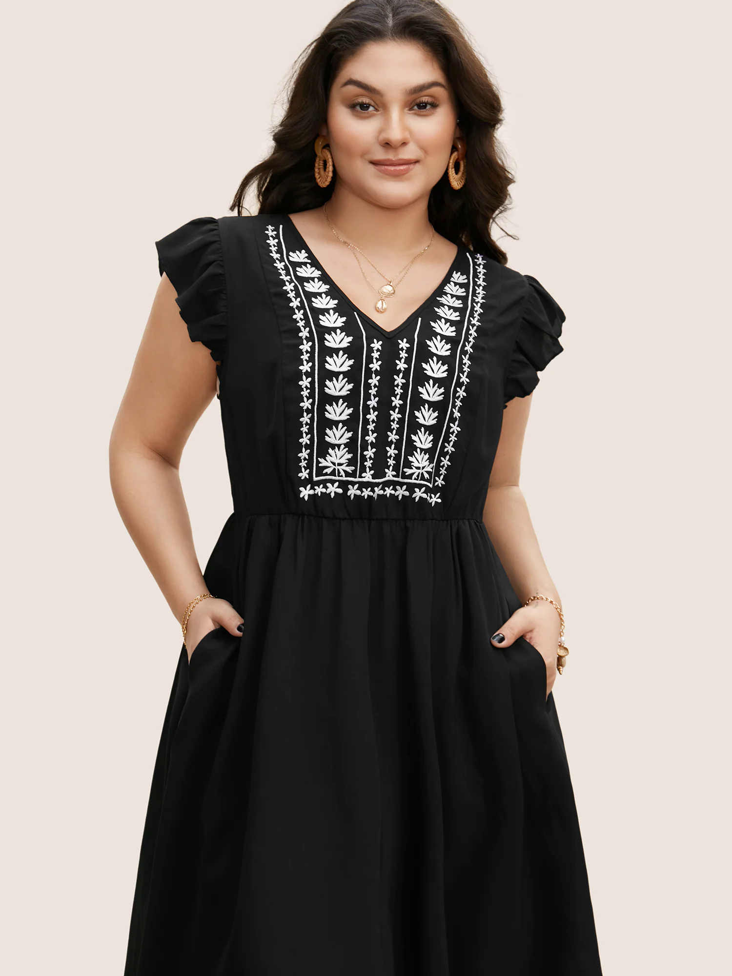 Floral Embroidered V Neck Ruffle Cap Sleeve Dress Floral Embroidered V Neck Ruffle Cap Sleeve Dress