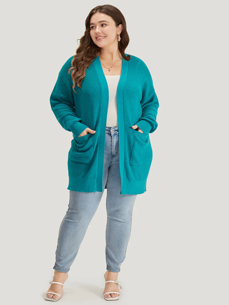 Solid Open Front Patched Pocket Cardigan