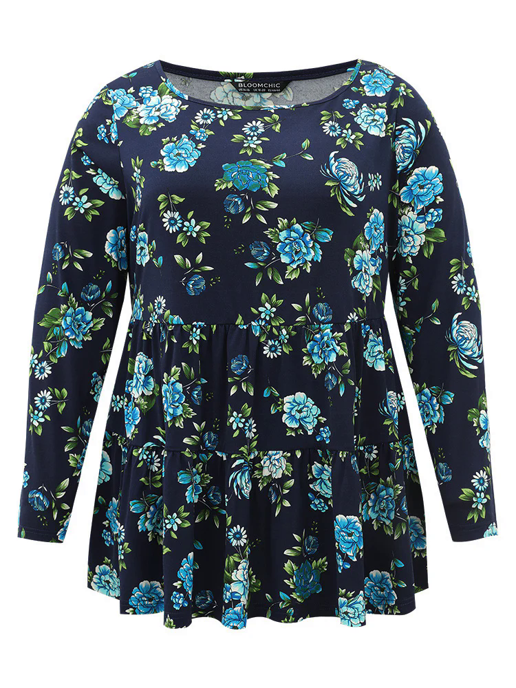 Floral Print Flutter Hem Gathered T-shirt Floral Print Flutter Hem Gathered T-shirt