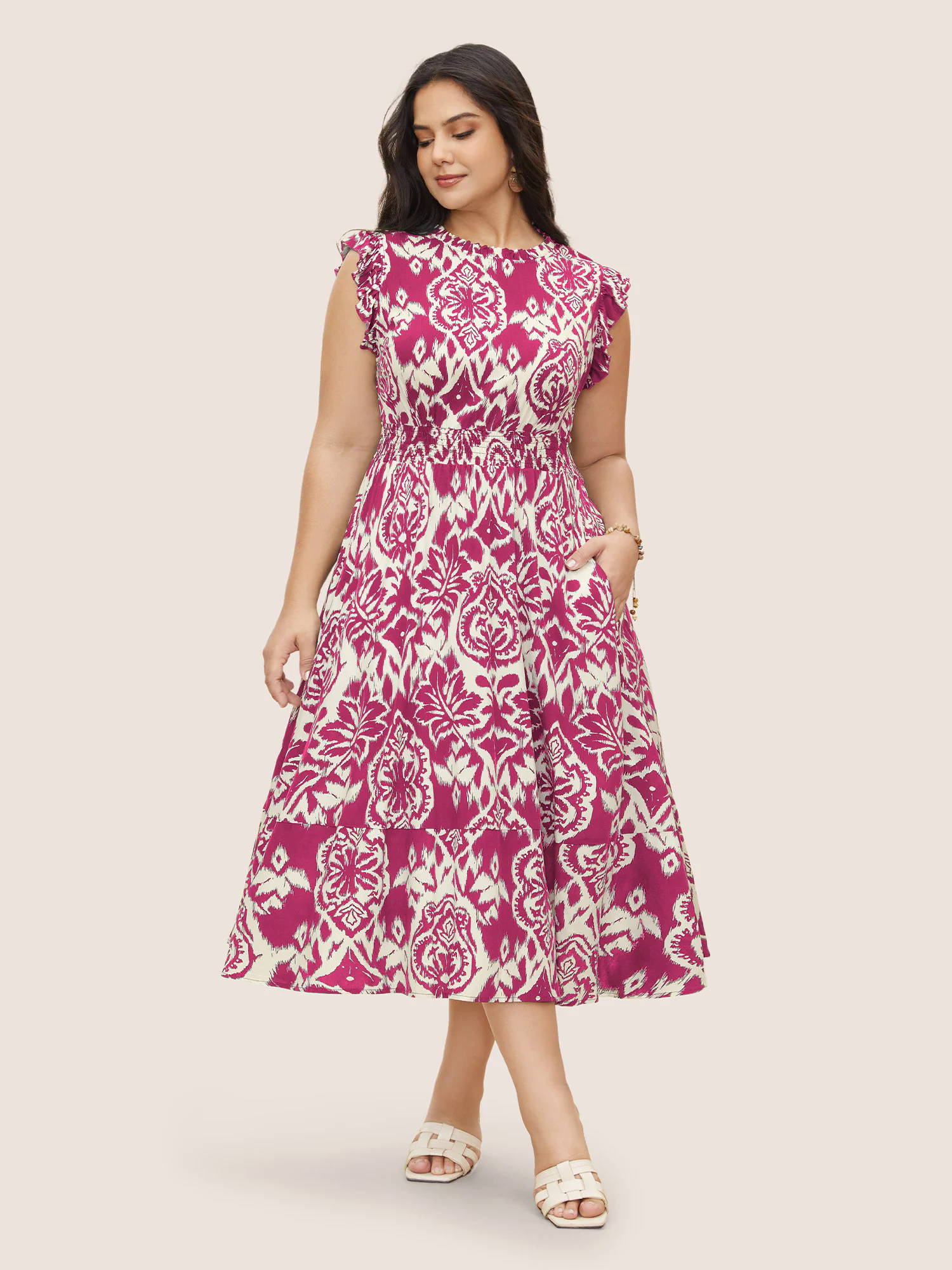 Boho Print Mock Neck Shirred Ruffle Cap Sleeve Dress Boho Print Mock Neck Shirred Ruffle Cap Sleeve Dress