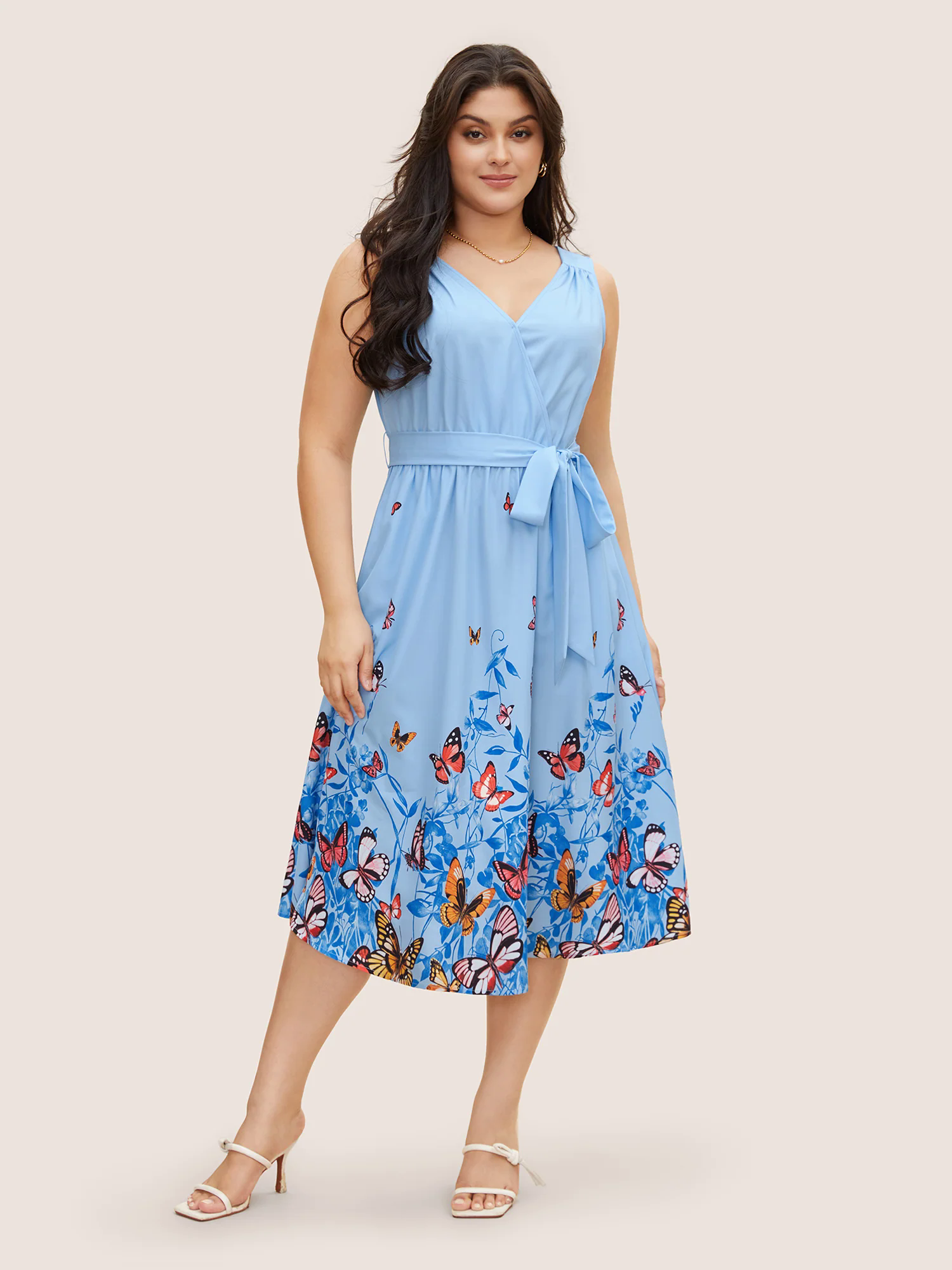 Butterfly Print Wrap Gathered Tank Dress